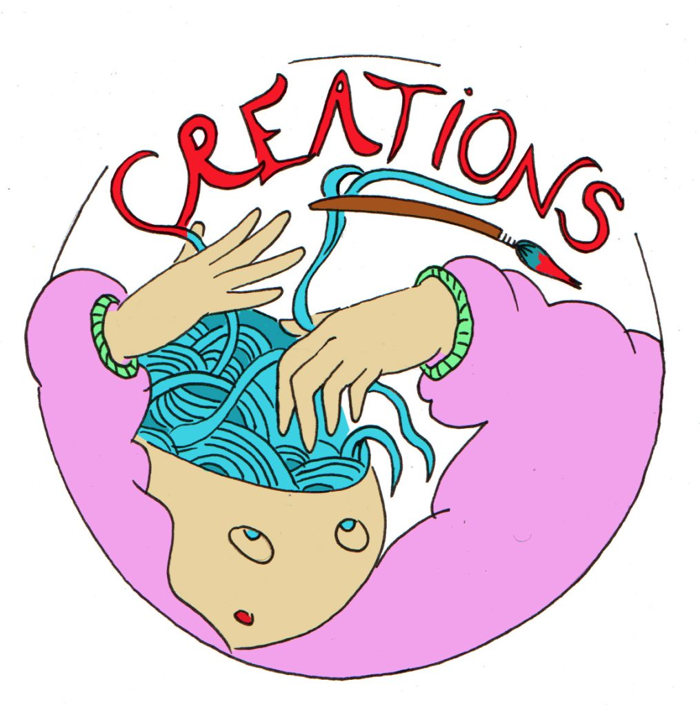 Bulle avec un personnage qui sort des créations de sa tête